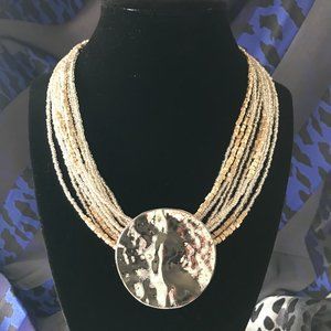Chico's Silver and Gold Tone Beaded Necklace With Round Hammered Pendent NWT
